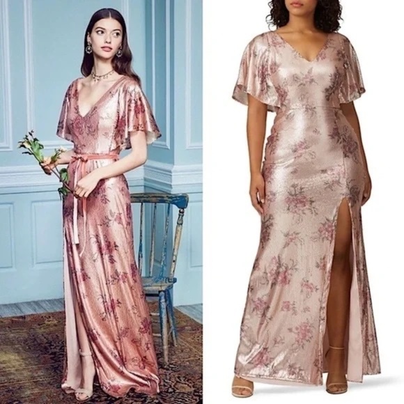 MARCHESA Maxi Dress Floral Sequin Short Flutter Sleeve Formal Gown 4